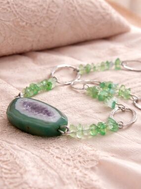 New Handcrafted Large Green Agate Geode Sterling Silver Pendant Necklace